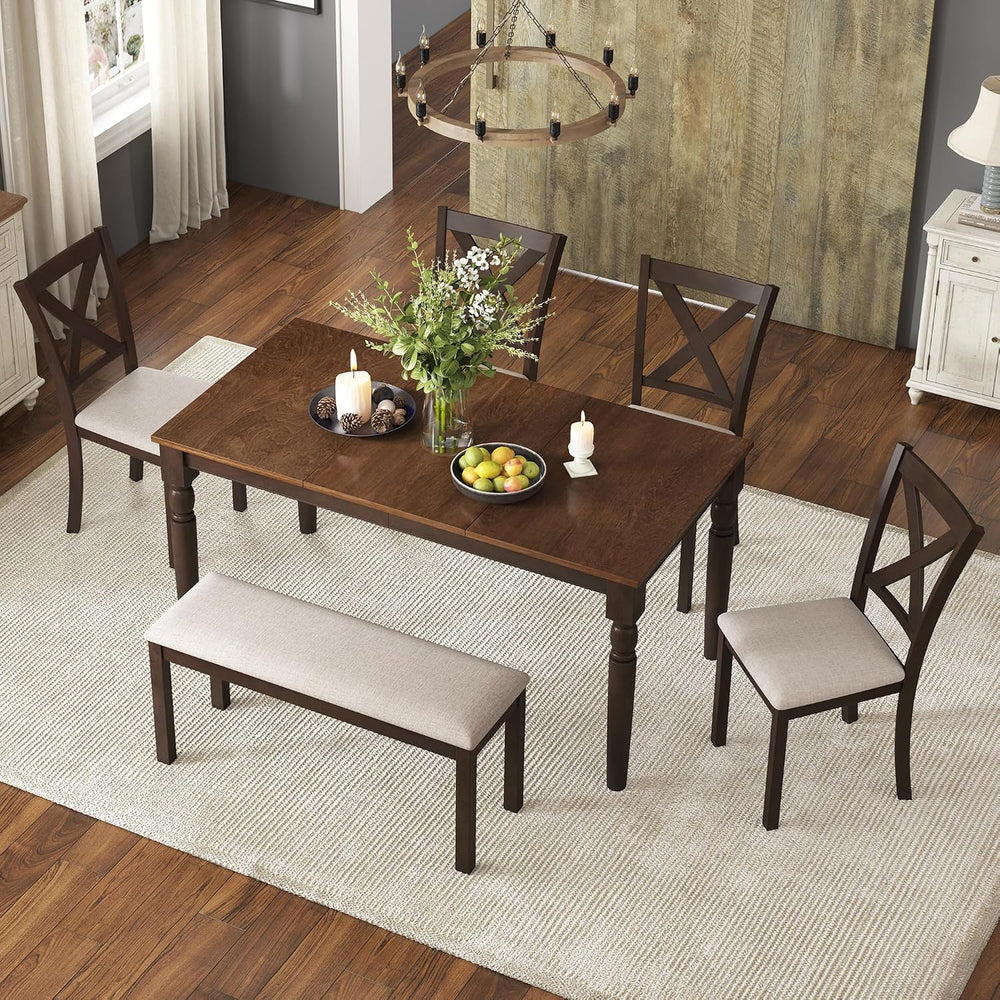 AMERLIFE 6-Piece Farmhouse Dining Table Set for 6-7, 60" Solid Wood Kitc...