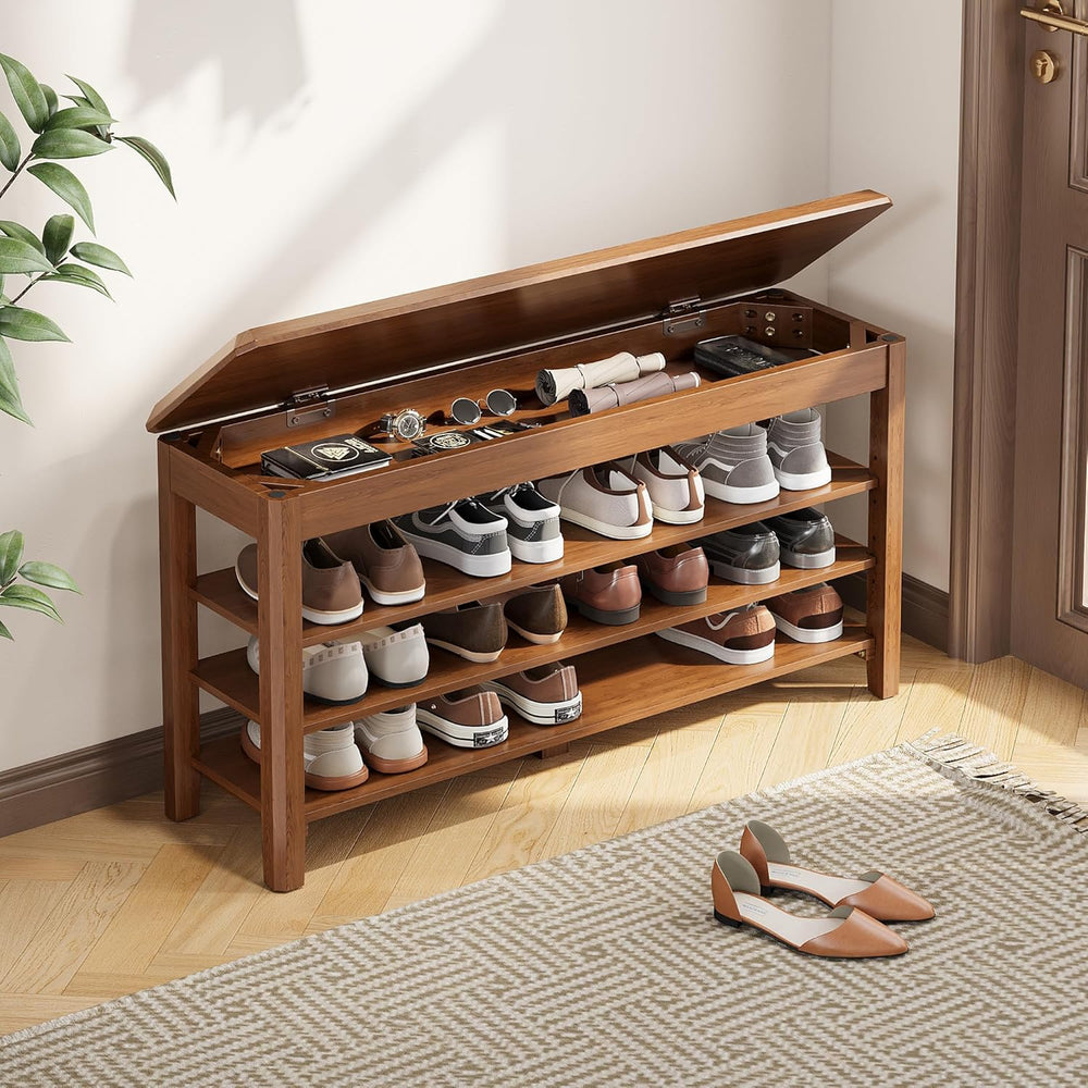 IUNVR Shoe Rack Bench Seat Rubberwood 3-Tier Wooden Storage Bench 550lbs Comp...