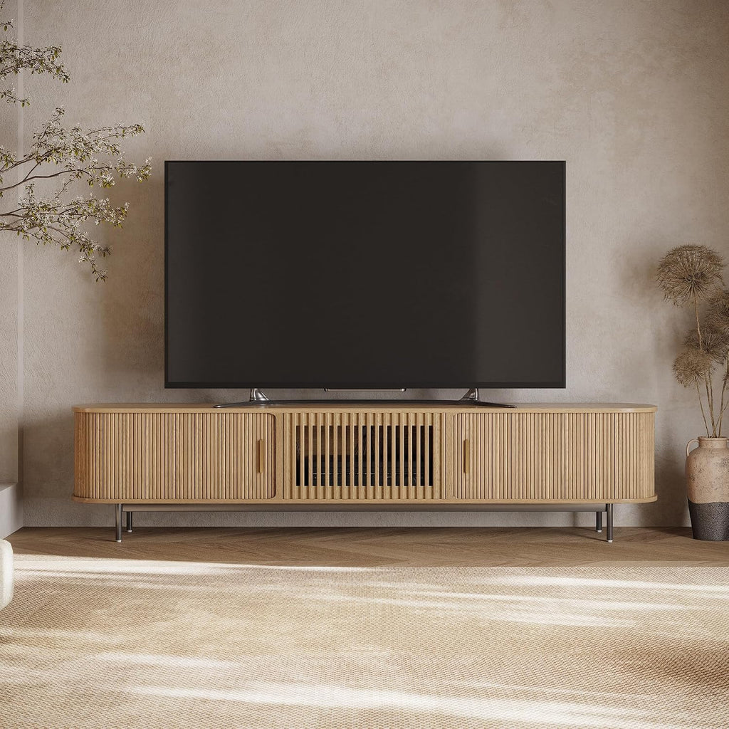 POVISON 94.49" Wood Fully-Assembled Sliding Tambour Door TV Stand, Oak | Mid Century Modern TV Console, Adjustable Shelves, Media Console for 85-98 Inch TV, Soft Close Cabinet Door, Storage Space