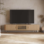 POVISON 94.49" Wood Fully-Assembled Sliding Tambour Door TV Stand, Oak | Mid Century Modern TV Console, Adjustable Shelves, Media Console for 85-98 Inch TV, Soft Close Cabinet Door, Storage Space