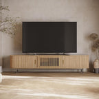 POVISON Fully-Assembled Mid Century Modern TV Stand for 85 inch TV, Sliding Door Entertainment Center with Storage, Wood TV Console, Media Console for Living Room Bedroom(Oak, 94.49")