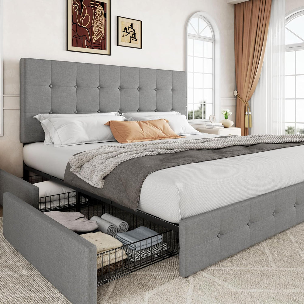 Allewie King Size Storage Bed Frame with 4 Underbed Drawers, Light Grey