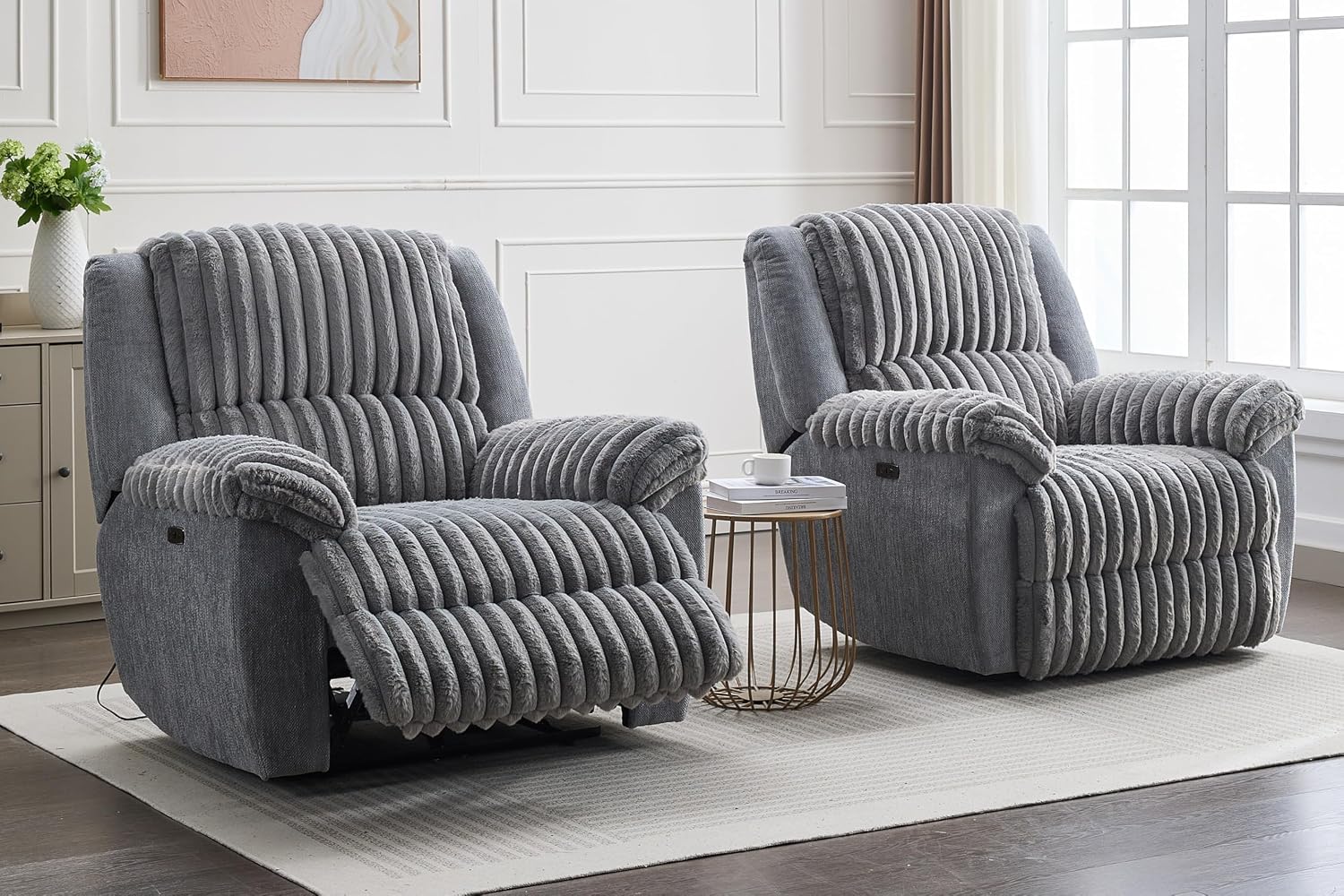 Oversized Power Recliner Zero Gravity with USB Port for Big Man Faux Fur Electric Extra Large Reclining Chairs for Living Room Soft Lumbar Support,26" Seat Width Grey