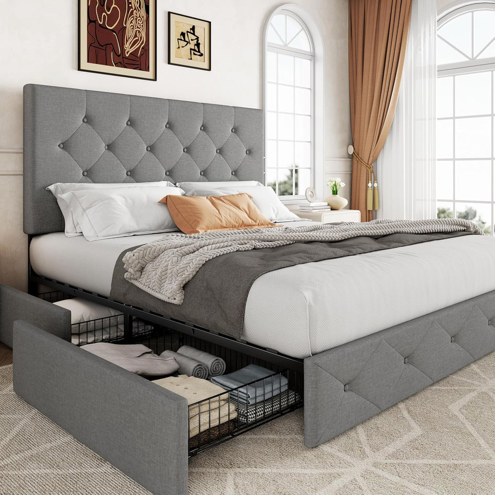 Allewie Queen Size Storage Bed Frame with 4 Underbed Drawers, Light Grey