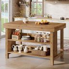 Kitchen Island with Storage, Solid Wood Kitchen Island Table | Solid Wood; 2-Tier Open Storage Shelves and Seating; Farmhouse; for Kitchen, Dining Room
