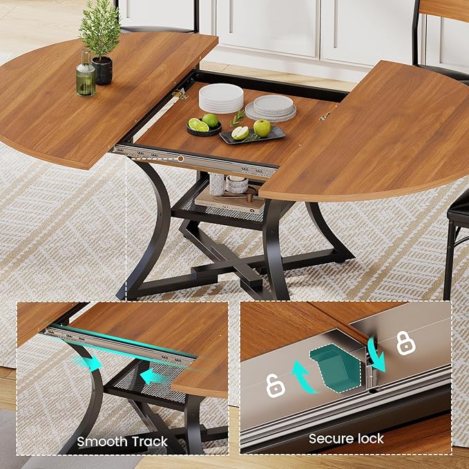 Itaar Round Extendable Dining Table Set for 4-6 People, 5-Piece Kitchen Table Set with 4 Cushion Chairs, Dining Room Table for 6 with MDF Board & Metal Frame for Small Space, Easy Clean, Brown