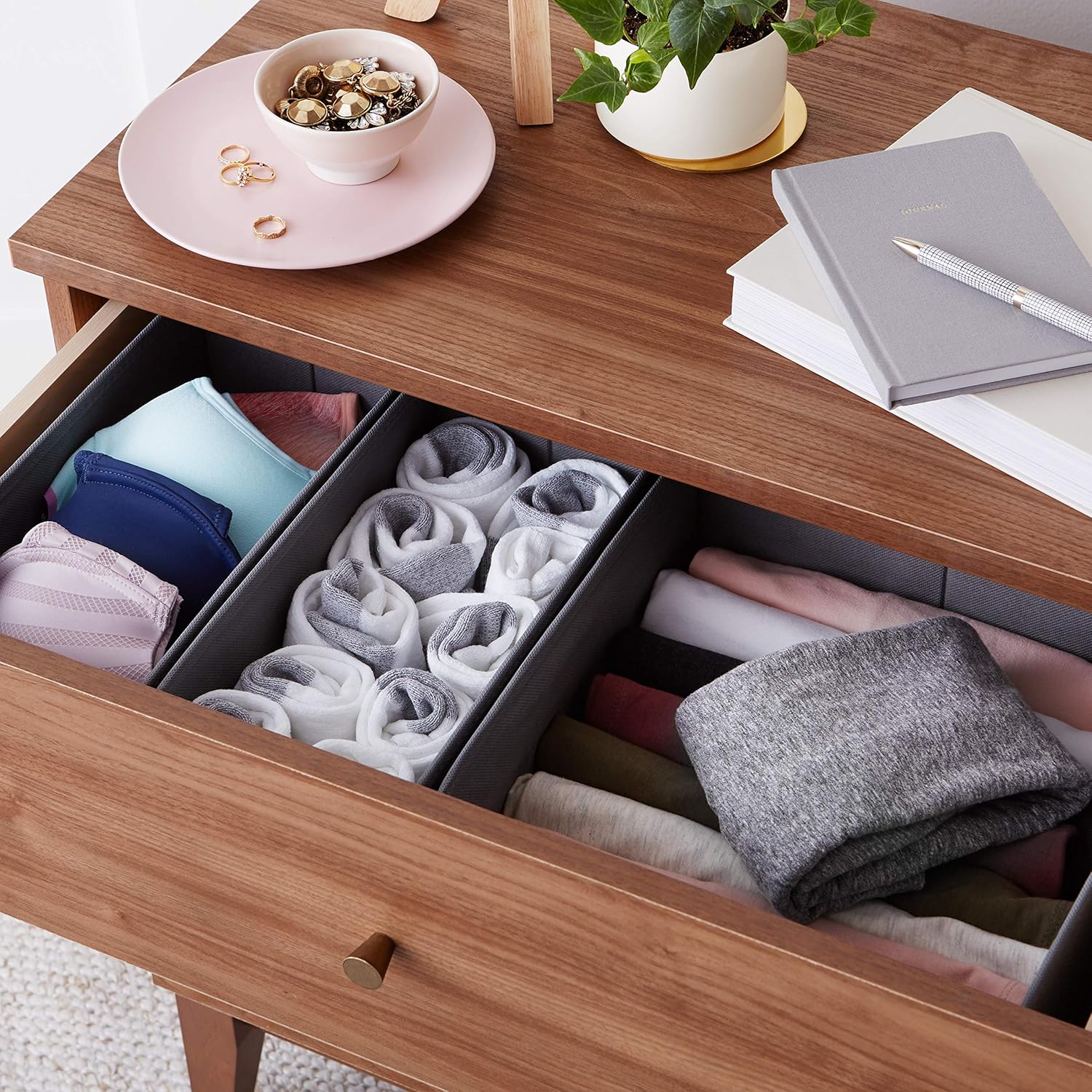 Amazon Basics Cloth Drawer Storage Organizer Boxes for Socks, Underwear and Baby Items, Set of 6, Gray