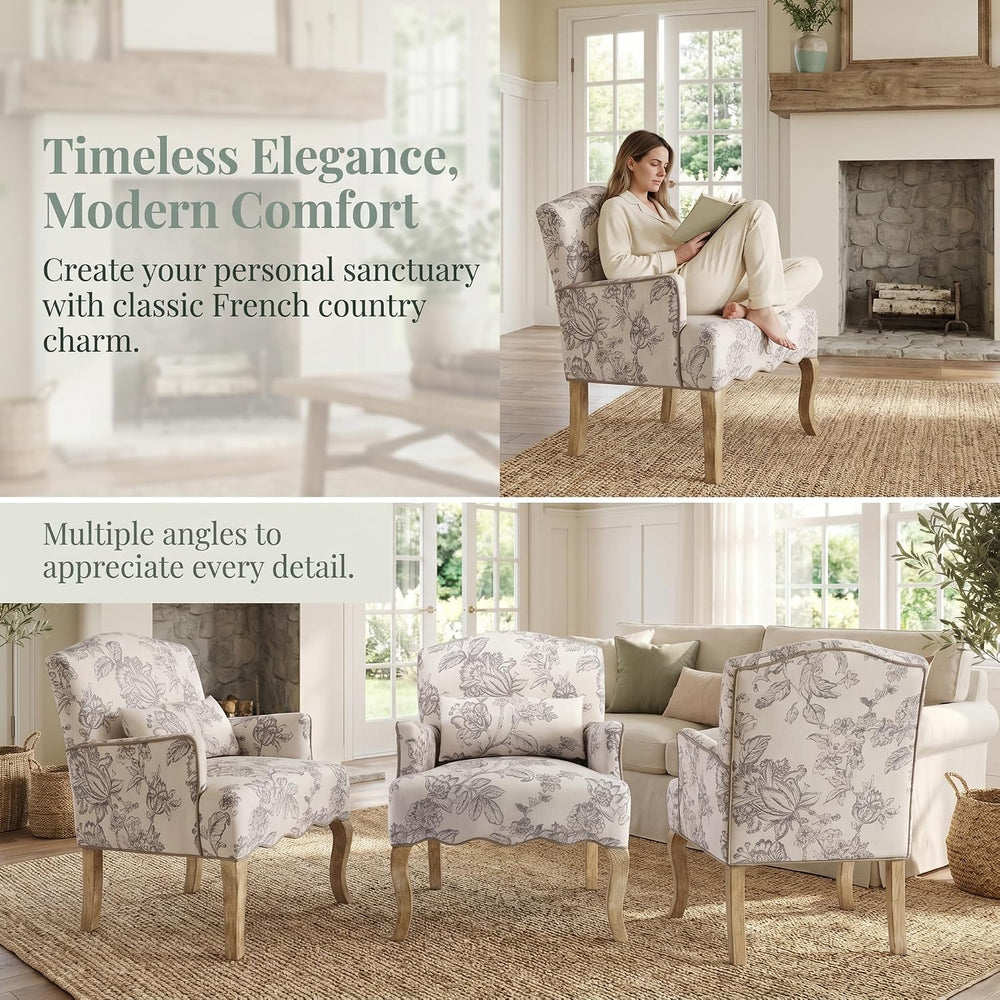 Shunzhi Floral Accent Chairs Farmhouse Upholstered Armchair Linen Reading Cha...