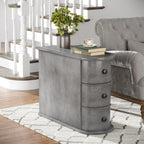 Wood End Table with 3 Drawers, No Assembly Required Narrow Sofa Side Table for Living Room, Vintage Slim Nightstand Bedside Table Bedroom (3 Drawers, Grey, 1Pc)