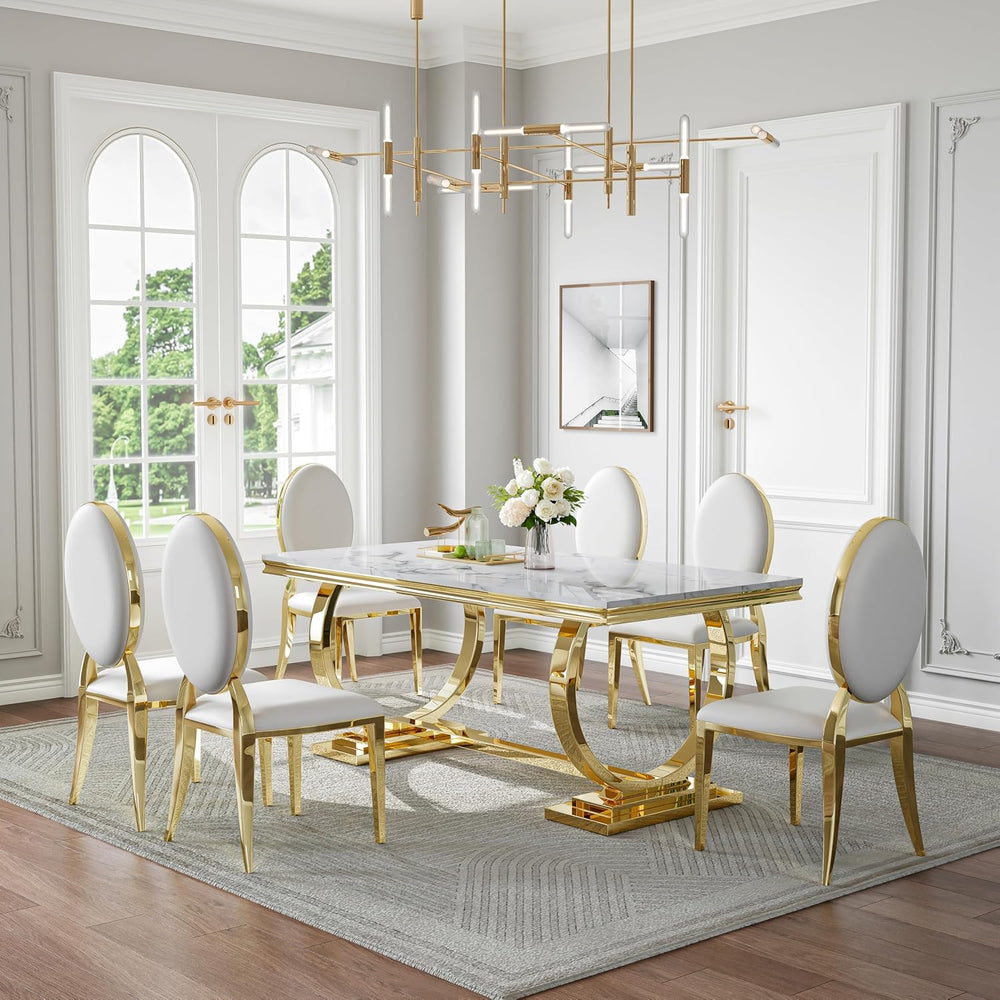 70" Marble Dining Table Set for 6 Gold Base with Kitchen Chairs | Faux M...