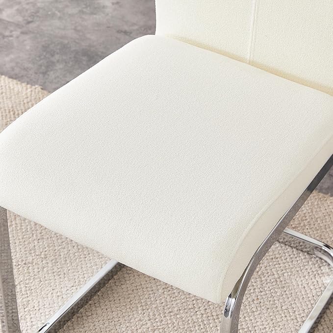 Modern Fabric Dining Chairs Set of 8,Armless Kitchen Chairs,Dining Room Chairs with Upholstered Padded Seat and Sturdy Silver Chrome Legs for Dining Room,Kitchen (White-Fabric, Set of 8)