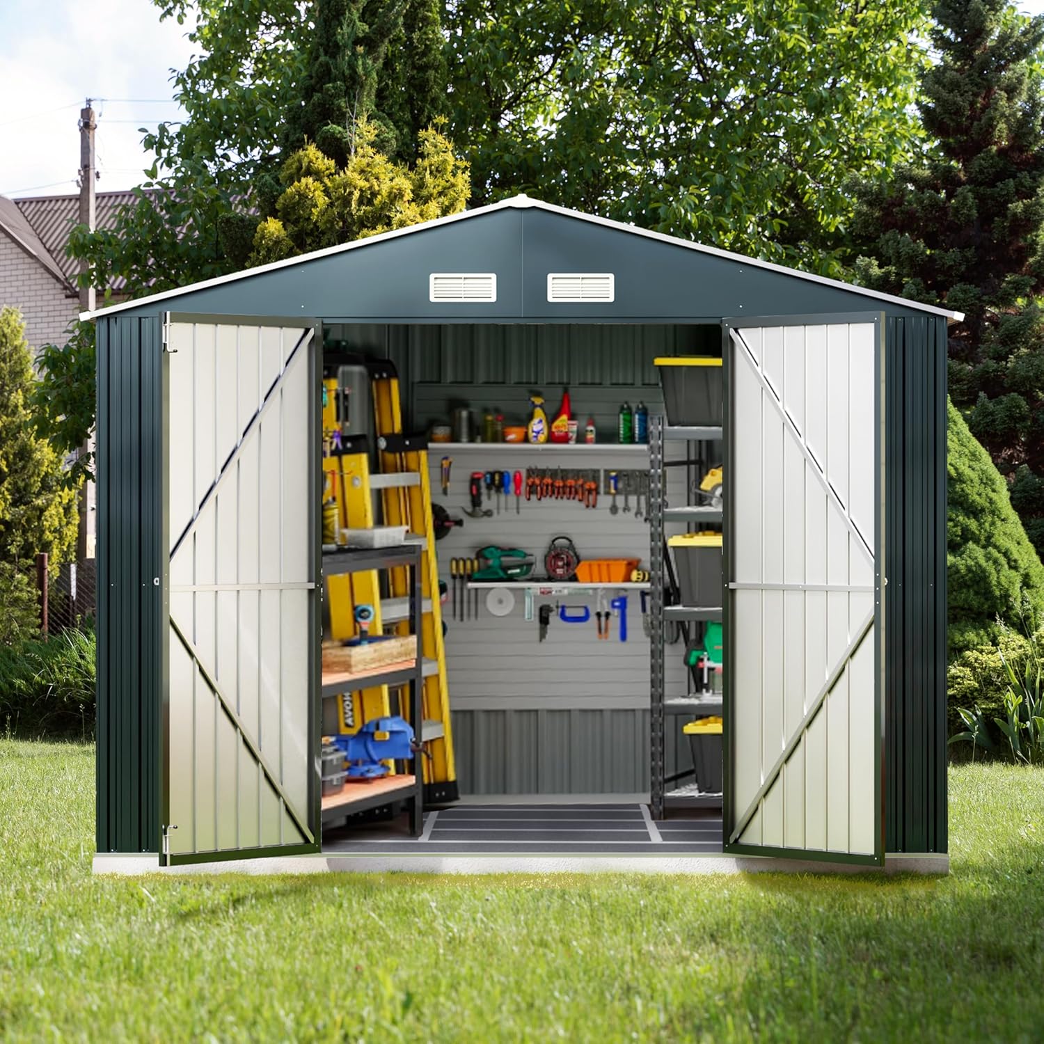 Breezz Outdoor Storage Shed 10 x 10 ft. Utility Tool Shed Metal Storage Garden Shed with Lockable Doors, Windows for Patio Storage,Nightblue