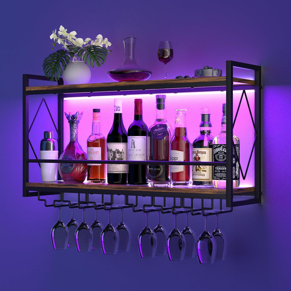Wine Rack Wall Mounted Wine Glass Rack With LED For Home Bar Storage | 31.5 I...
