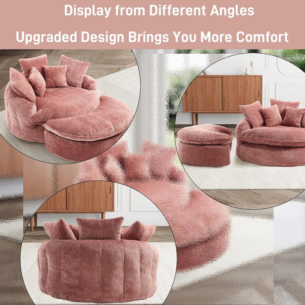 54'' Oversized Round Bean Bag Chaise Lounge Barrel Chair with Movable Ottoman, Fluffy Cloud Couch Boneless Round Sofa Chair for Living Room, Bedroom, Apartment, Pink