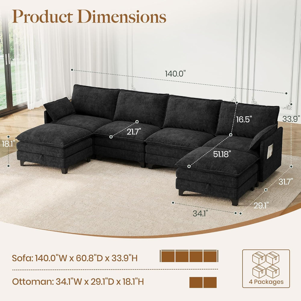 140" U-Shaped Modern Modular Sectional Sofa, Chenille Cloud Couch with S...