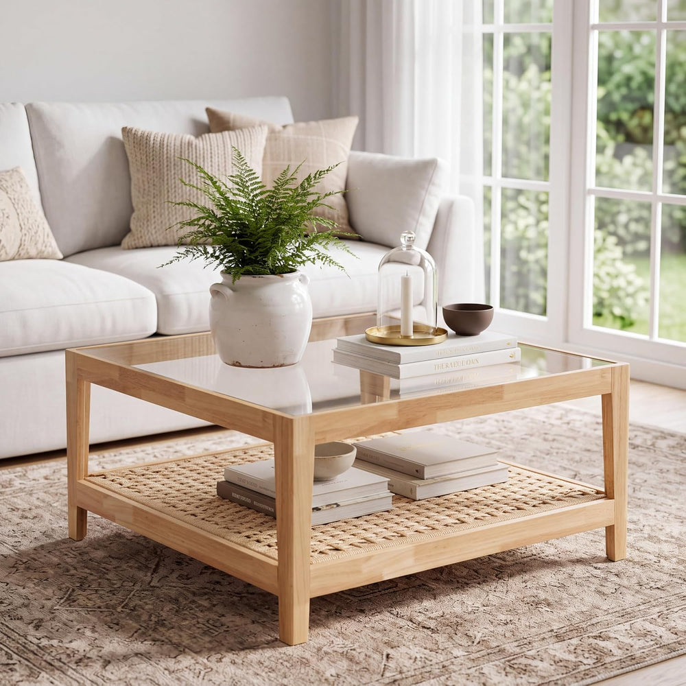 31.5" Square Tempered Glass Coffee Table, 2-Tier Woven Shelf, Wood