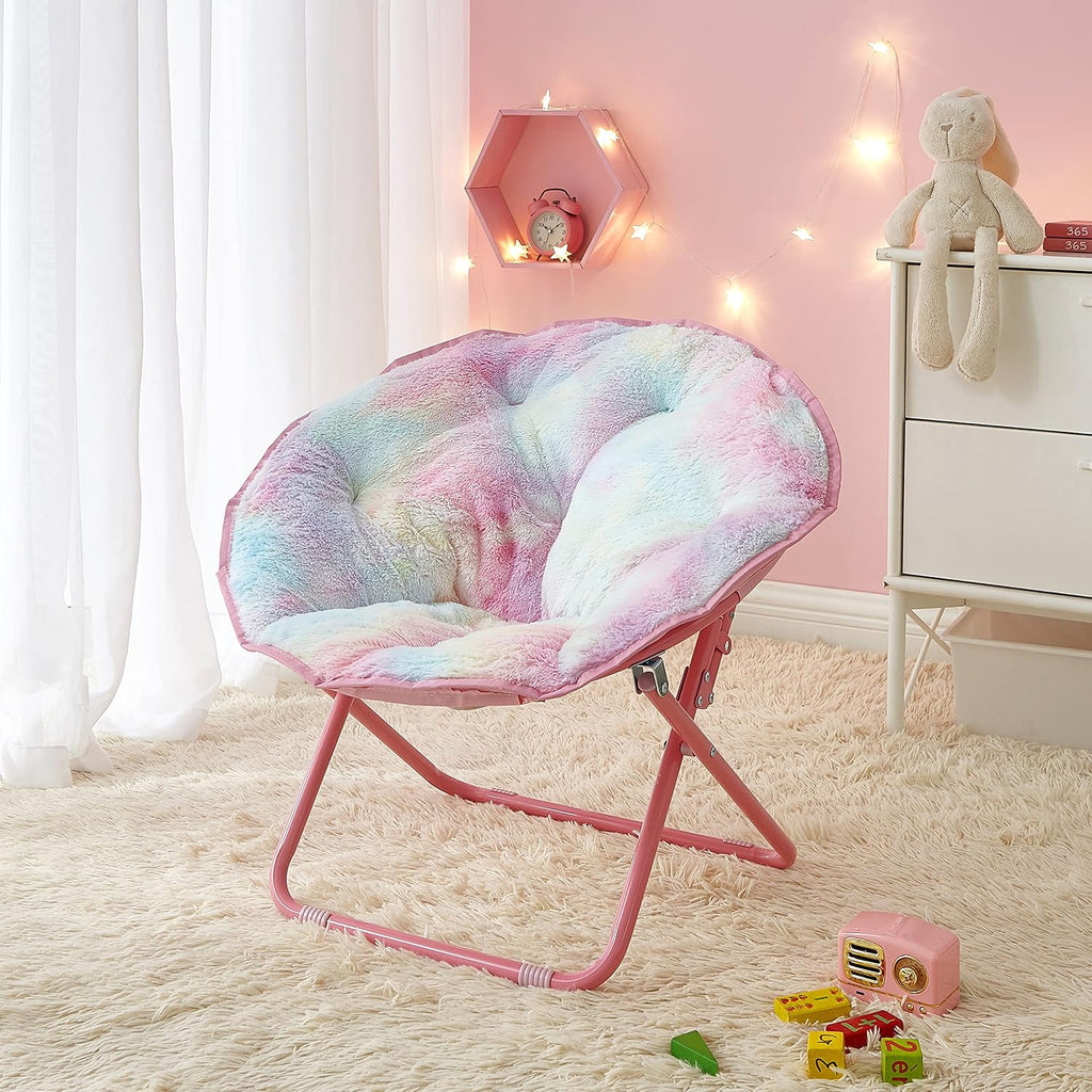 Heritage Kids Rainbow Faux Fur Folding Saucer Chair for Kids, Cozy Bedroom & Playroom Accent Chair, 23” Frame