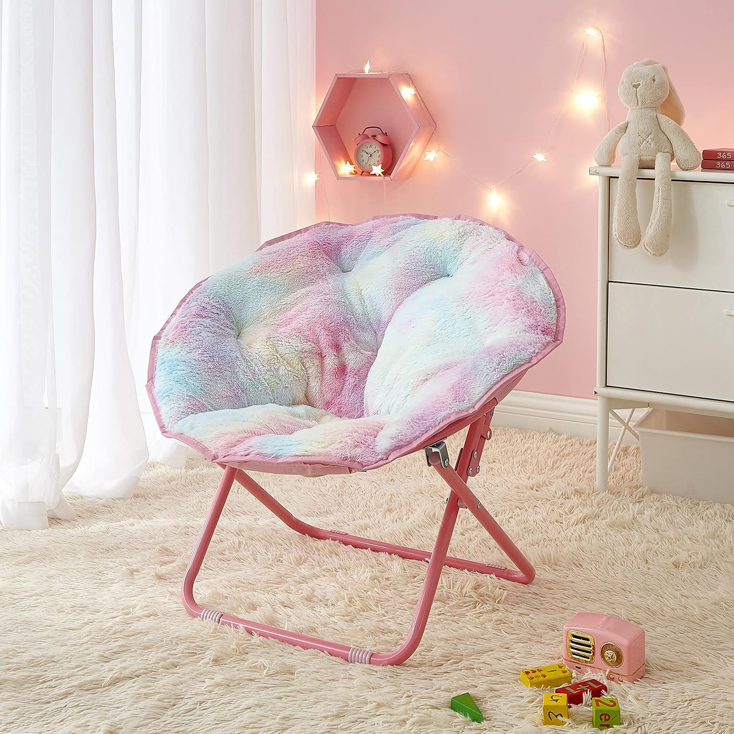 Heritage Kids Rainbow Faux Fur Folding Saucer Chair for Kids, Cozy Bedroom & Playroom Accent Chair, 23” Frame