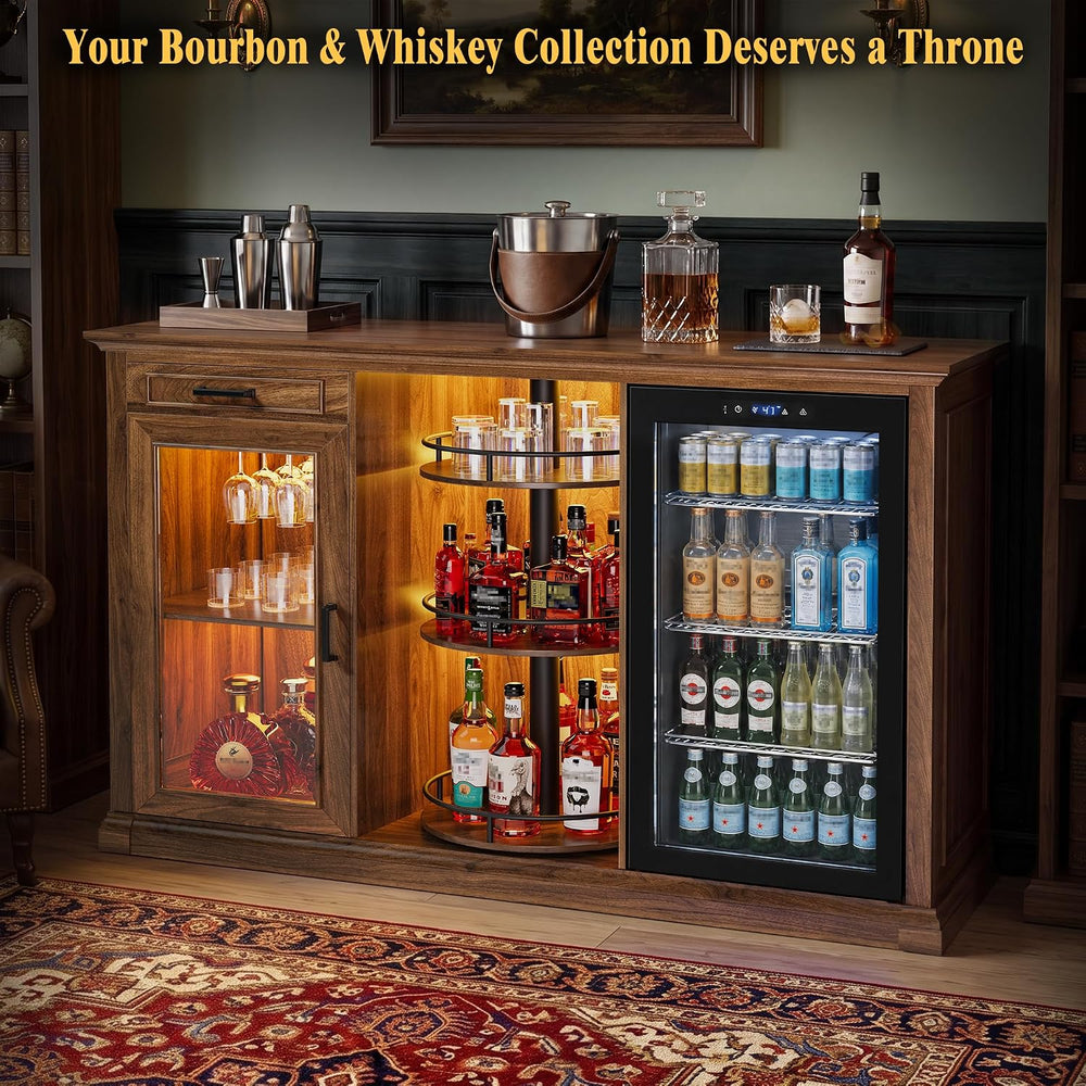 GDLF 60.2-Inch Home Bar Cabinet with Fridge Space, Warm Amber LED, Walnut