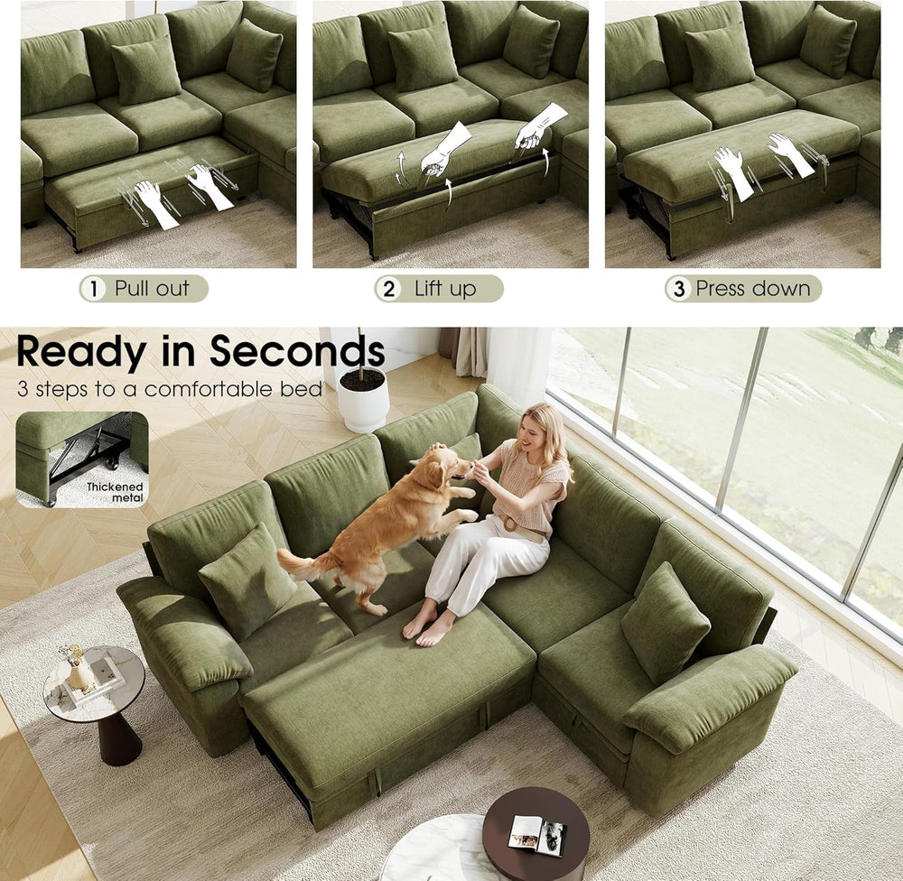 Sectional Sleeper Sofa with Pull Out Bed, 86" L Shaped 5 Seat Couch with...