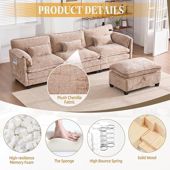 Ball & Cast Modular Sectional Sofa,L Shaped Couch with Movable Storage Ottoman,Chenille Upholstered Sofa W/USB Charging Port,Phone Holder and Side Pocket,for Living Room,Apartment,Khaki,109"