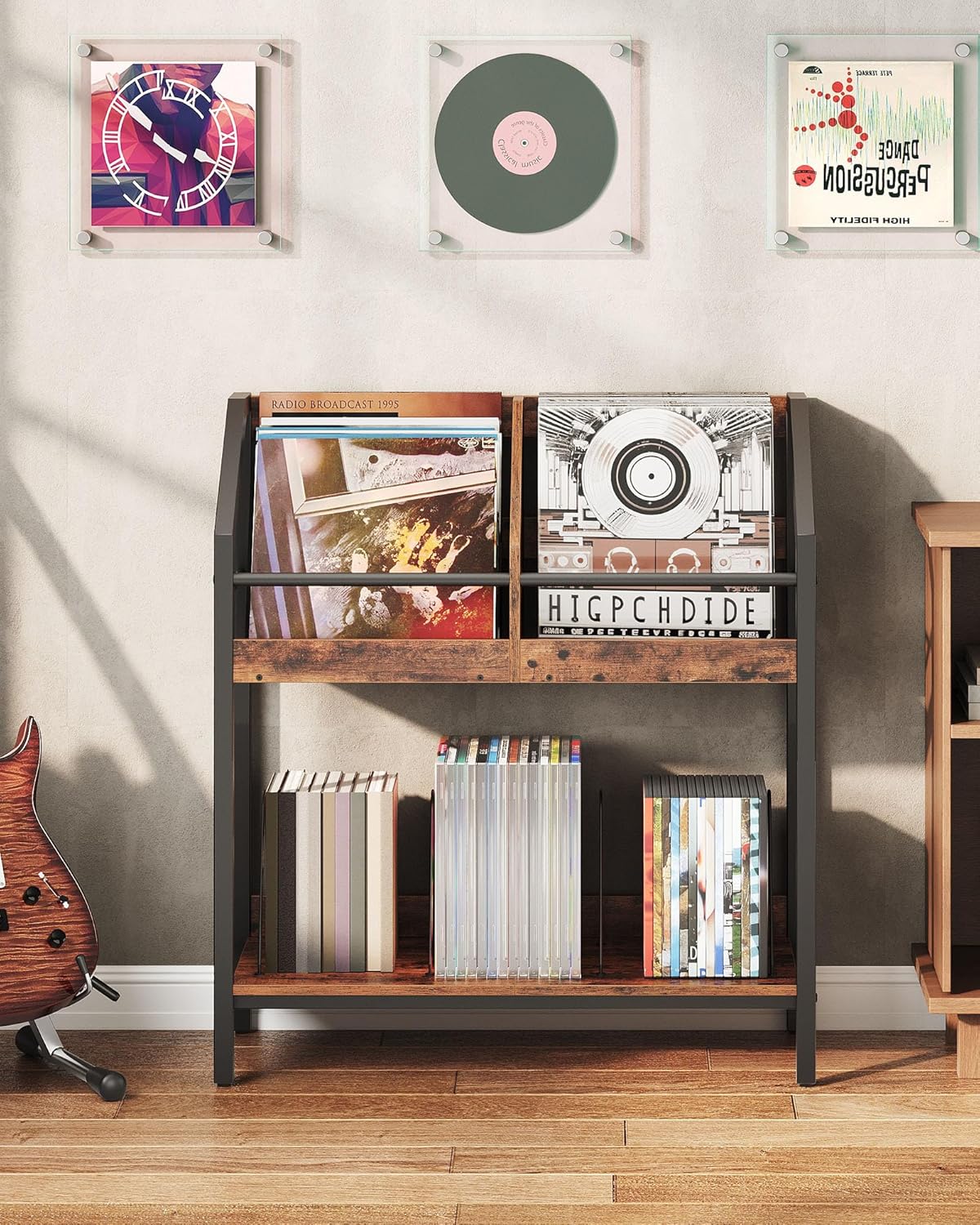 CHOEZON 2-Tier Vinyl Record Storage Holder Rack, 250 LP Albums Display Shelf, Wooden Vinyl Storage Rack with Wire Dividers for Records, CDs, Books, Rustic Brown and Black TCW07BF