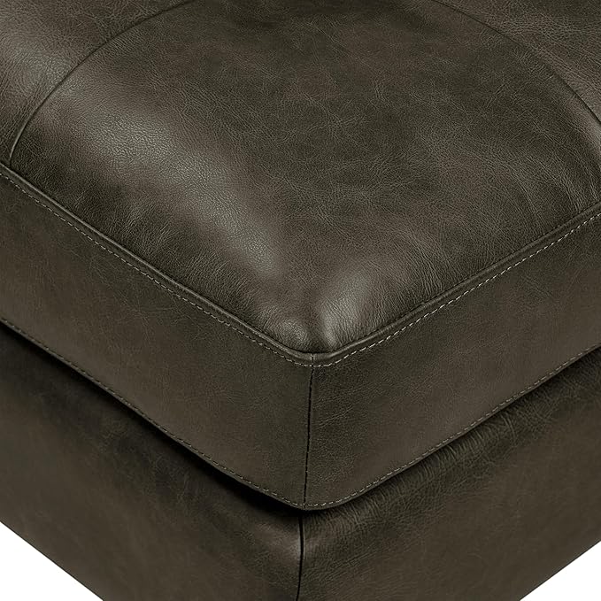 POLY & BARK Napa Ottoman - Full-Grain Leather Upholstered Ottoman with Feather-Down Topper - Couch for Living Room - Vintage Italian Leather in Olivine Green