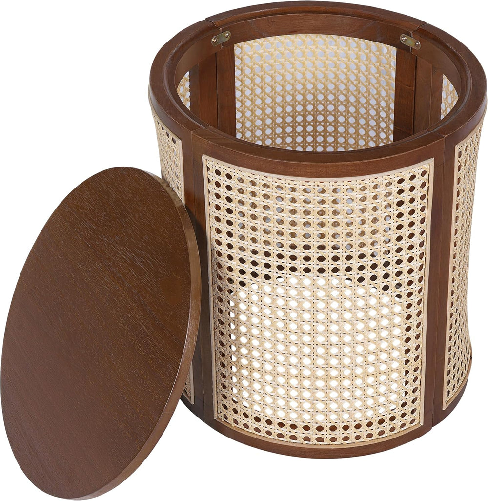 Round Side Table with Rattan Weave Panels, Dark Brown Rubber Solid Wood, 15.7...