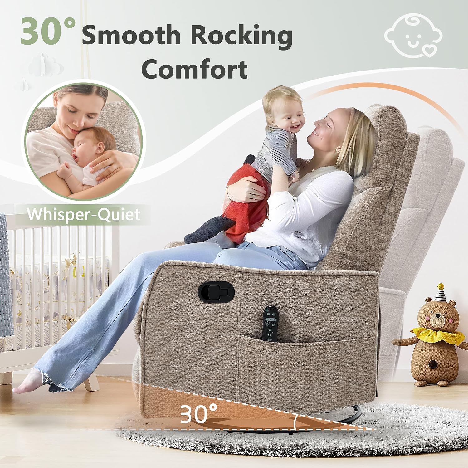 cinkehome Swivel Rocker Recliner, Glider Rocker Recliner Chair for Nursery, Manual Reclining Chair with Heated Massage, Small Spaces, Living Room, Khaki Chenille