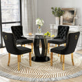 RGZ Modern 39" Clear Glass Round Dining Table Set, 5 PCS Luxury Circle Glass Top Kitchen Table with Gold Decorative Strips & 4 Black High-end Tufted Chairs for Apartment Home Dining(Black Base)