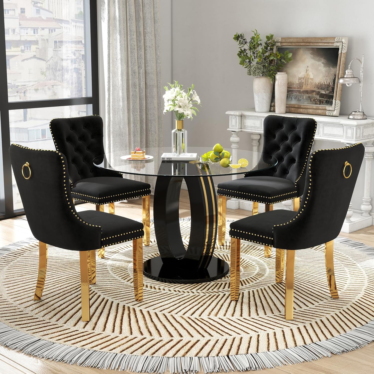 RGZ Modern 39" Clear Glass Round Dining Table Set, 5 PCS Luxury Circle Glass Top Kitchen Table with Gold Decorative Strips & 4 Black High-end Tufted Chairs for Apartment Home Dining(Black Base)