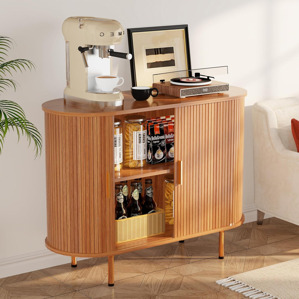 DHH Sideboard Buffet Cabinet with Storage,Mid Century Modern Fluted Accent Coffee Bar Console Table,Tambour Sliding Doors& Adjustable Shelf for Kitchen, Living Room, Entryway (Yellow walnut40 Inch)