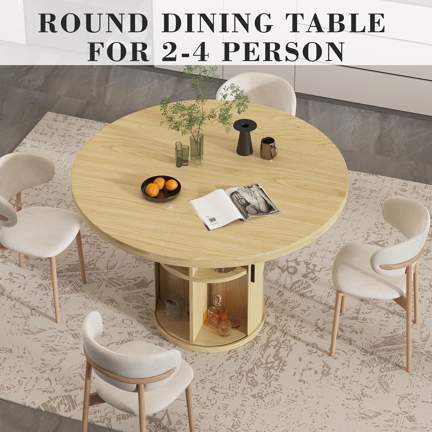 35.5'' Round Pedestal Dining Table, 2-4 Modern Fluted Dining Room Kitchen Table with Storage Shelf, Wood Base Dinner Tables for Kitchen, Breakfast Nook, Small Space, Living Room(Natural)