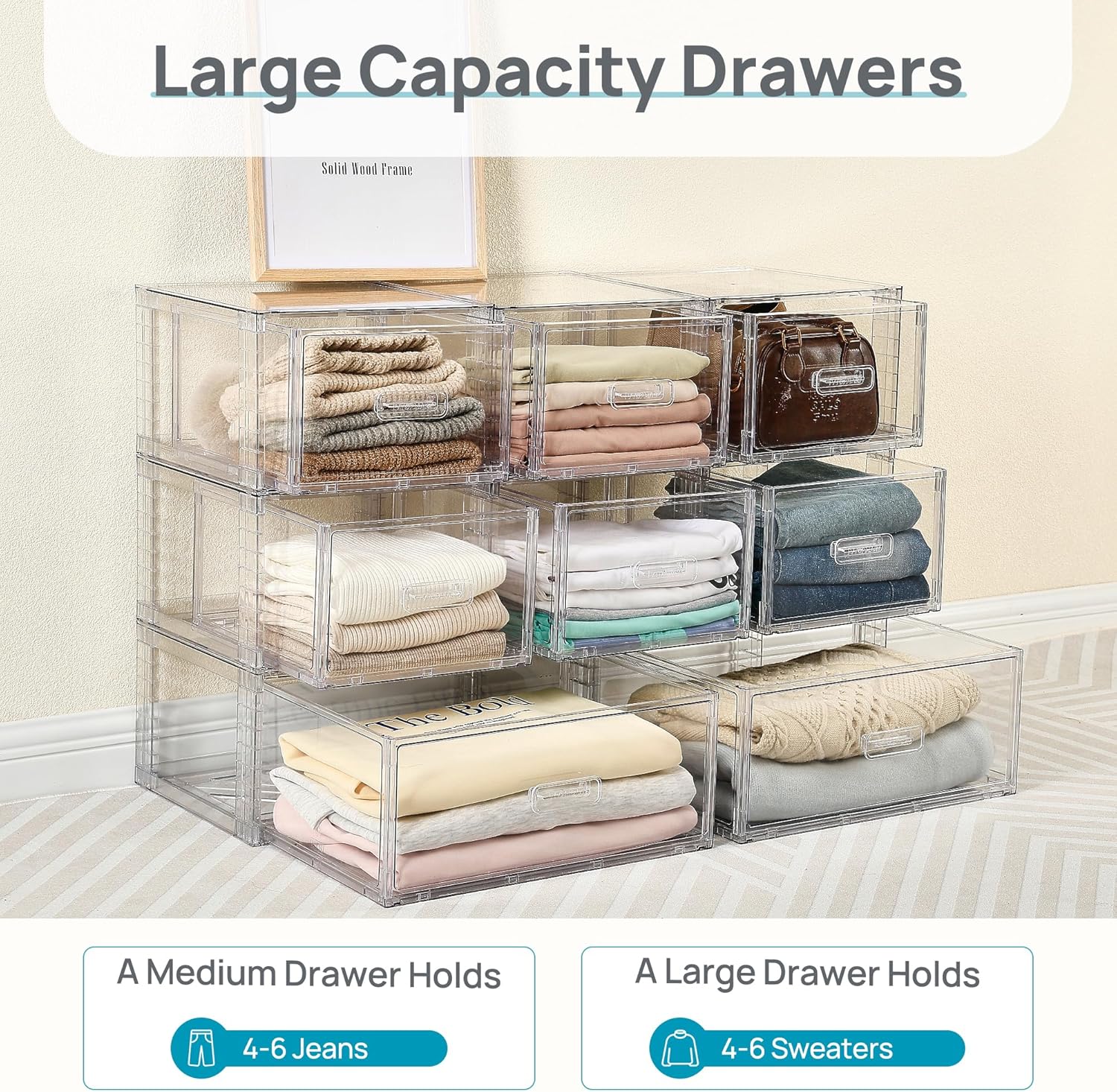 Vtopmart 8-Piece Large & Medium Stackable Drawer Organizer Set, 162QT Clear Storage Cabinet with Easy Assembly, Durable Drawers for Closet, Bedroom, Entryway, Playroom & Apartment Organization