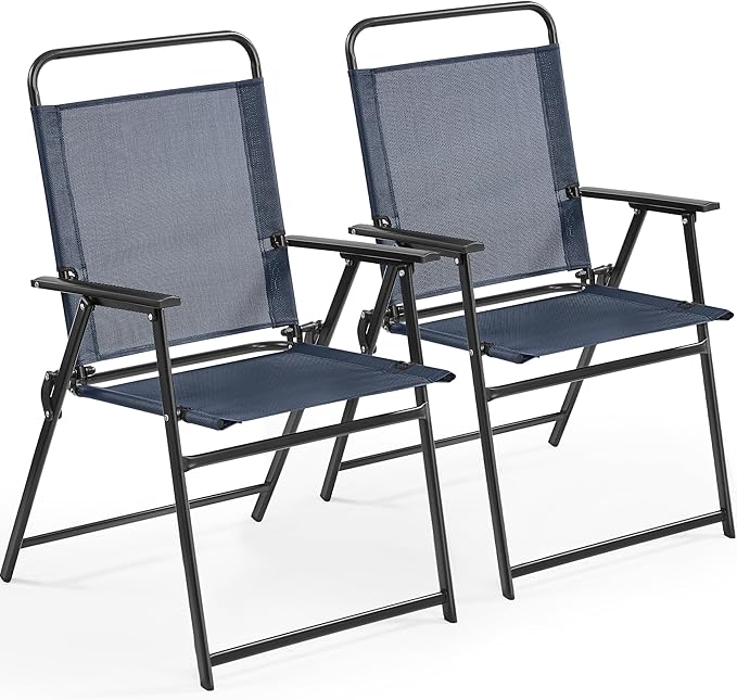 Yaheetech Outdoor Patio Chairs Set of 2, Folding Patio Chairs with Metal Frame, Armrests, Portable Dining Chairs for Camping, Lawn, Garden and Porch, Navy Blue