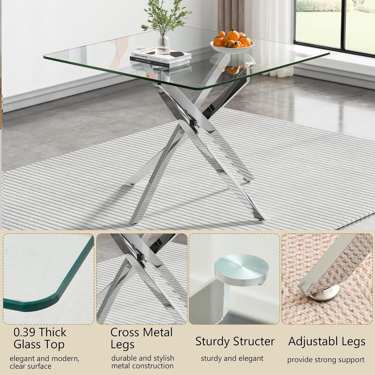 HomVent 3Pcs Square Glass Dining Table Set for 2 with 2 Grey Leather Chair | 36''Silver Glass Dining Room Table Set Kitchen Table Chair Set of 2,Dinner Table Dining Set with Glass Top for Home Kitchen