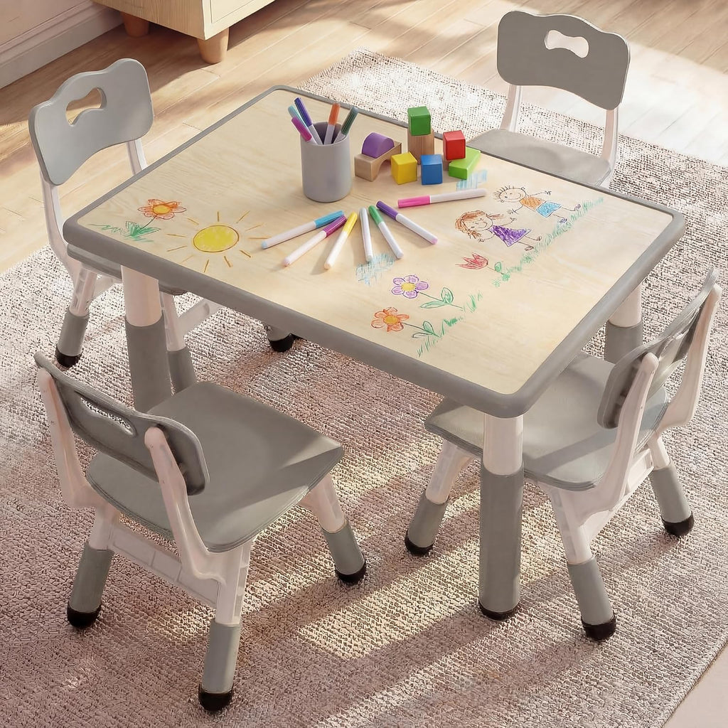 Kinder King Kids Table & 4 Chairs Set, Height Adjustable Children Activity Table w/Graffiti Tabletop, Toddler Furniture Set for Classroom, Daycare, Home, Age 3+, Grey