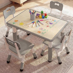 Kinder King Kids Table & 4 Chairs Set, Height Adjustable Children Activity Table w/Graffiti Tabletop, Toddler Furniture Set for Classroom, Daycare, Home, Age 3+, Grey