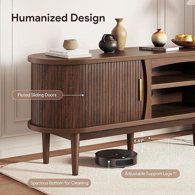 Mid Century TV Stand for TVs up to 80 Inches, Entertainment Center with Storage, Power Outlet, Fluted Sliding Doors & Adjustable Shelves, Modern Media TV Console Table for Living Room (Walnut)