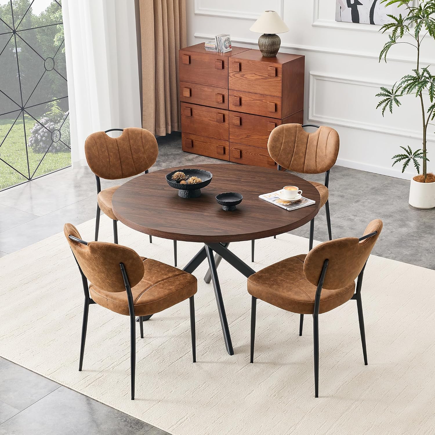 46.4" Round Dining Table Set for 4, Modern Kitchen Table Chairs Set of 4 Wood Dining Table Upholstered Chair with Metal Leg for Dining Room (Brown-2, 46.4" Walnut Table + 4 Chairs)