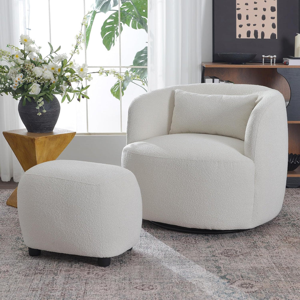 KINWELL Round Boucle Upholstered Ottoman Chair Padded Seat Footstool, Beige |...