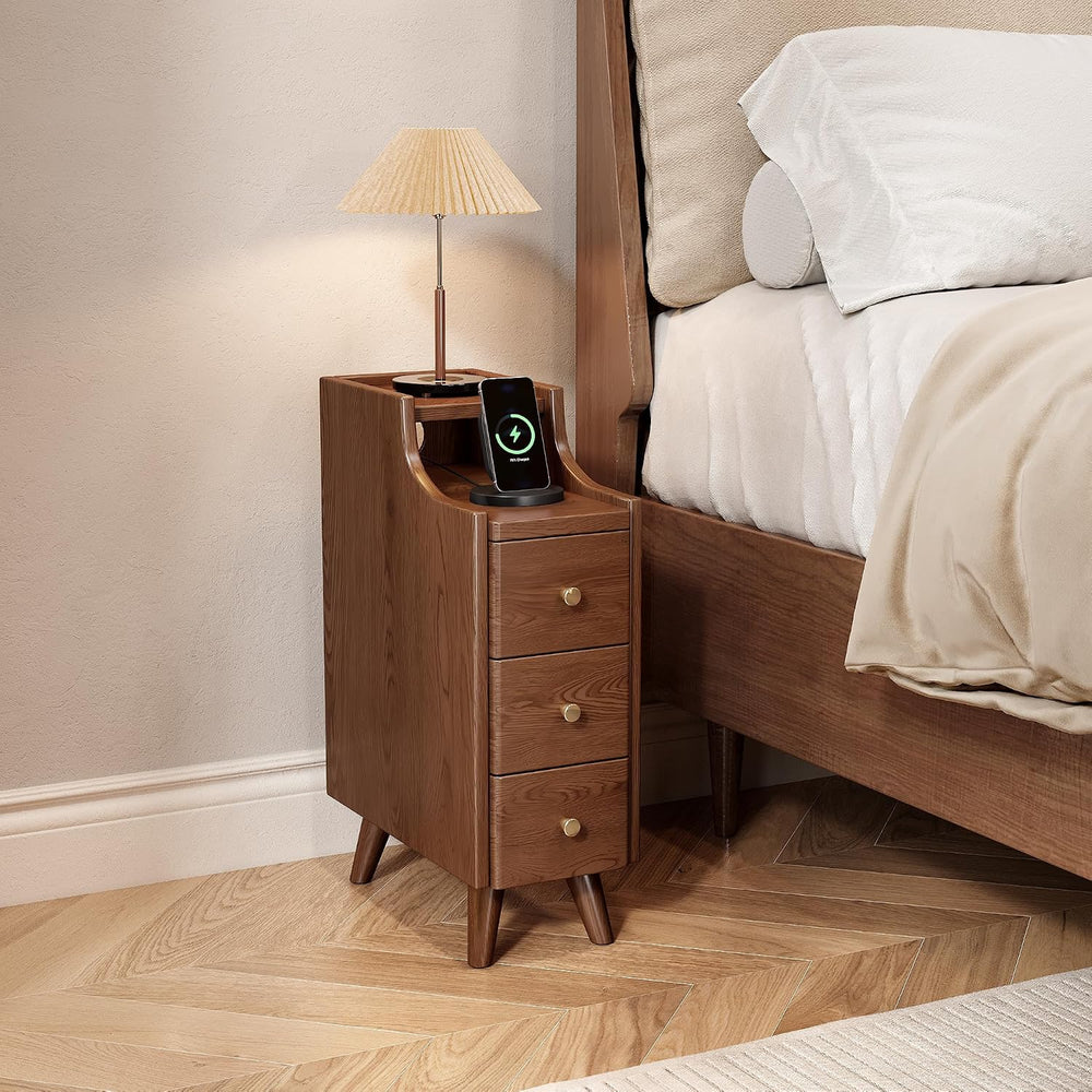 IUNVR Narrow Nightstand with 3 Drawers, Solid Wood Slim Bedside Table | 7.9&q...