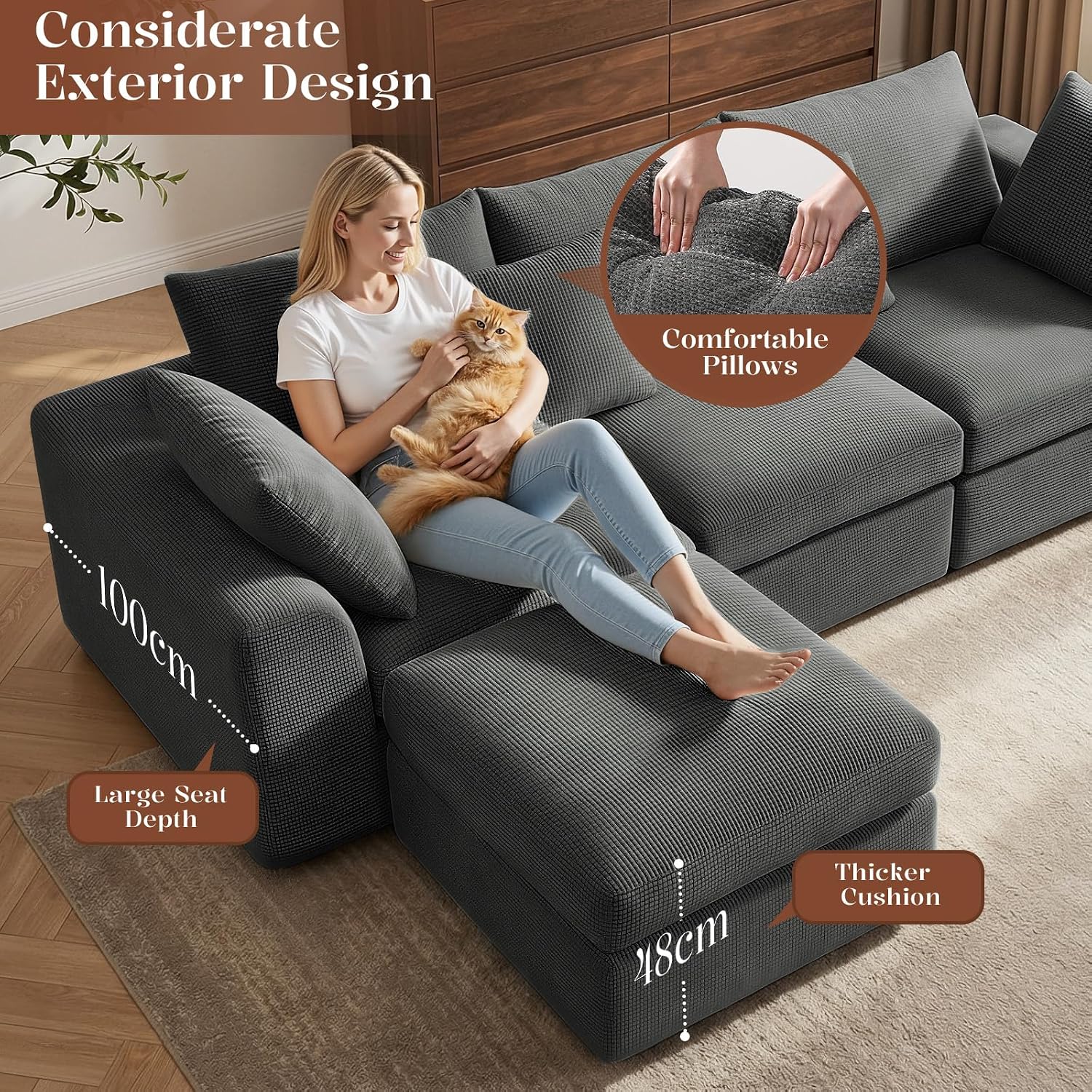 Benazcap 110'' Cloud Couch, L-Shaped Boneless Couch, Dark Grey | 3-Seat Sectional Couches for Living Room, Modular Sofa with Movable Ottoman, Deep Seat, Thick Cushion