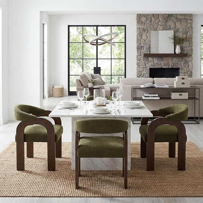 Farmhouse Dining Chairs Set of 4 - Upholstered Armchairs with Chenille Cushions & Curved Wooden Arms, Barrel Wood Kitchen Chairs for Dining Room/Cafe/Kitchen Island (Sage Green)
