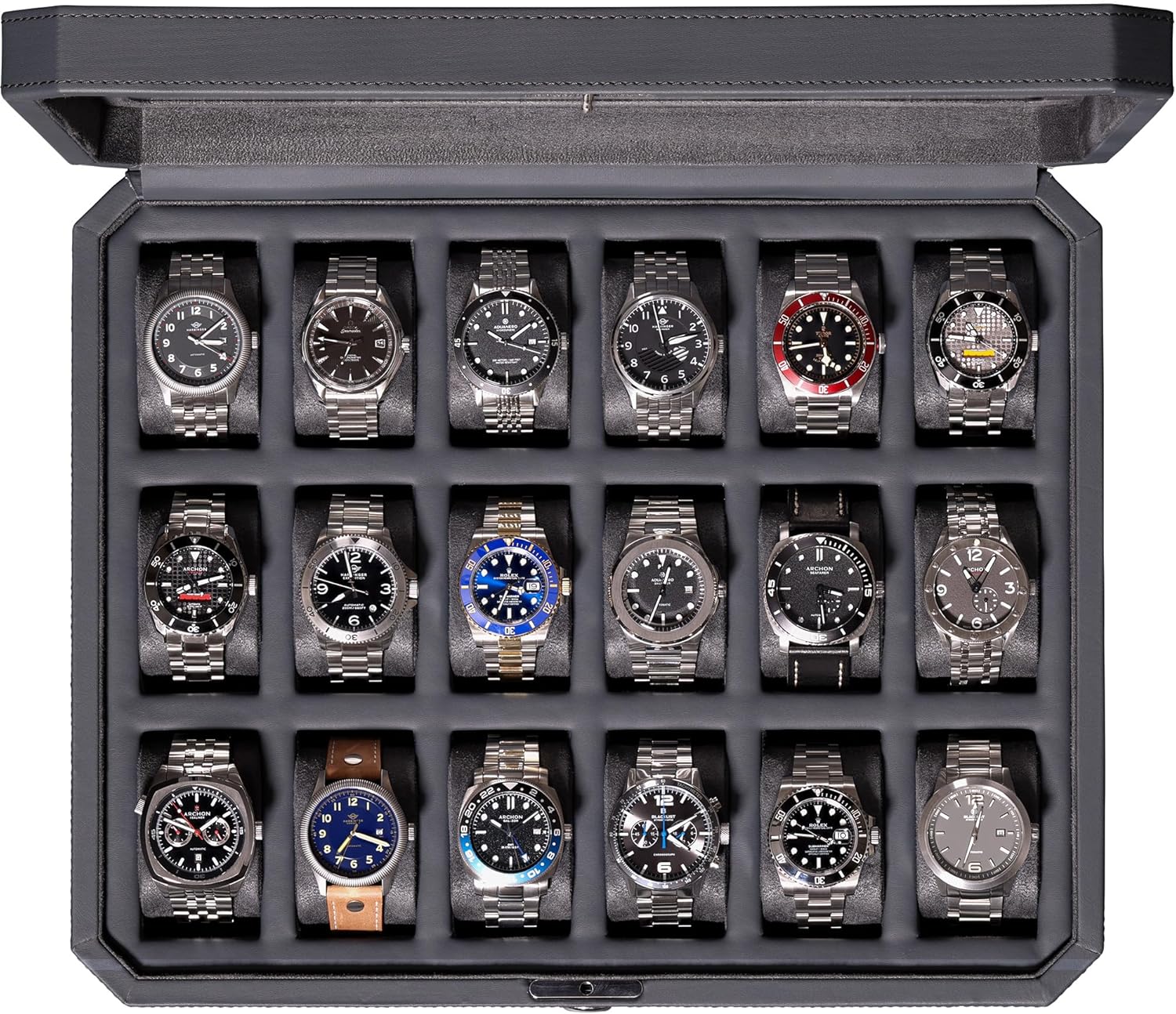 ROTHWELL 18-Slot Watch Case – Luxury Watch Box for Men, Real Glass Top, Lockable, Elegant Display for Collections (Carbon)