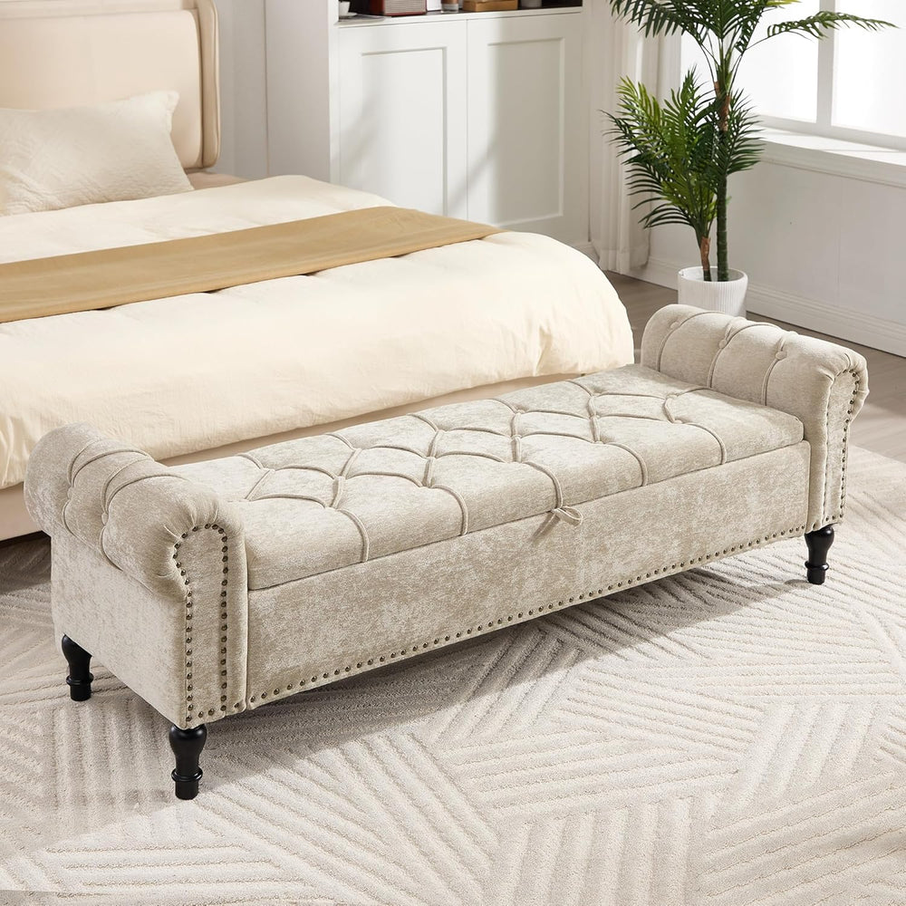 Storage Bed Bench for Bedroom, Chenille 67" End of Bed King Size Benches...
