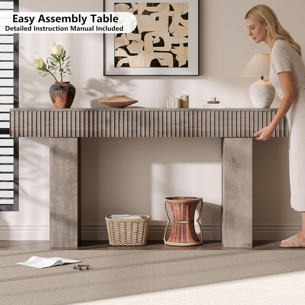 63-Inch Long Entryway Console Table with a Fluted Design, Thick Wood Farmhous...