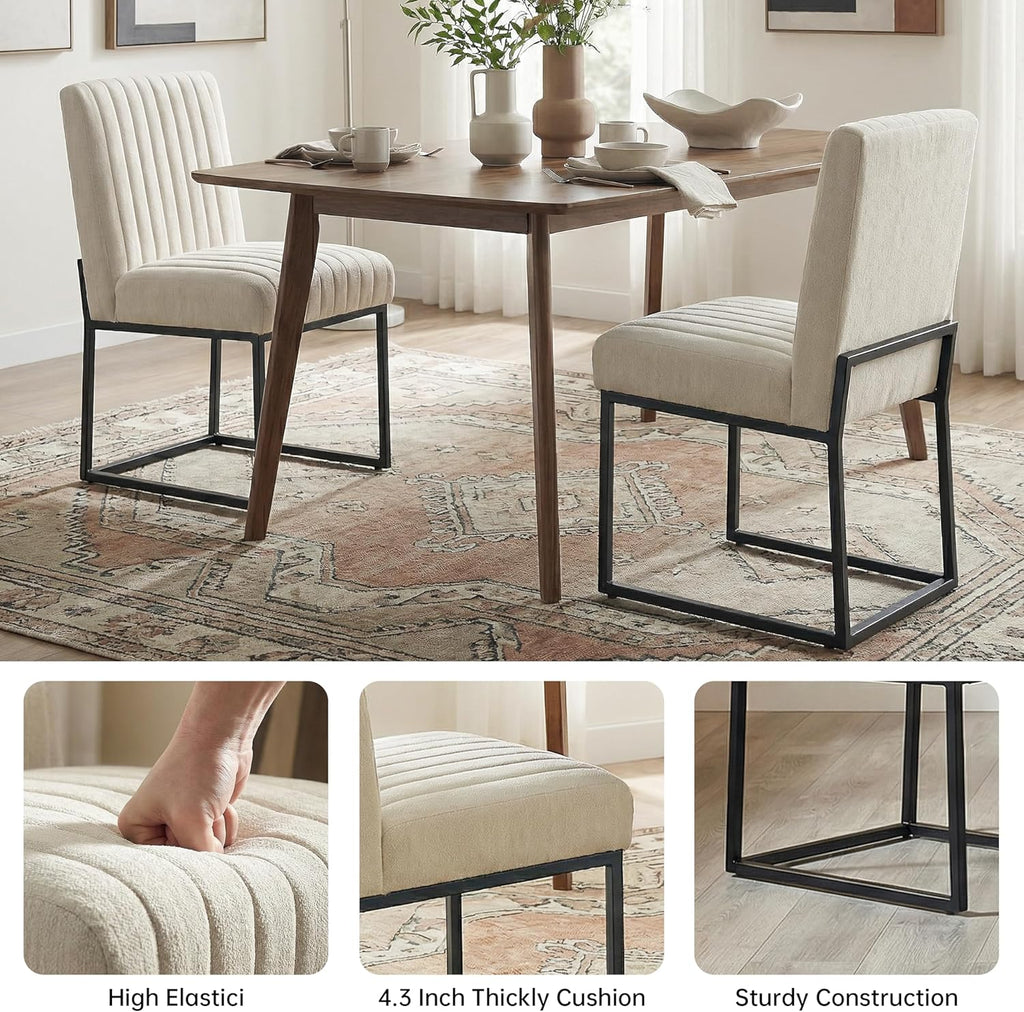 VKNOW Upholstered Dining Chairs, Modern Dining Room Chairs with Stripe, Linen Kitchen Chair Dinner Chair with Black Metal Base for Kitchen, Beige