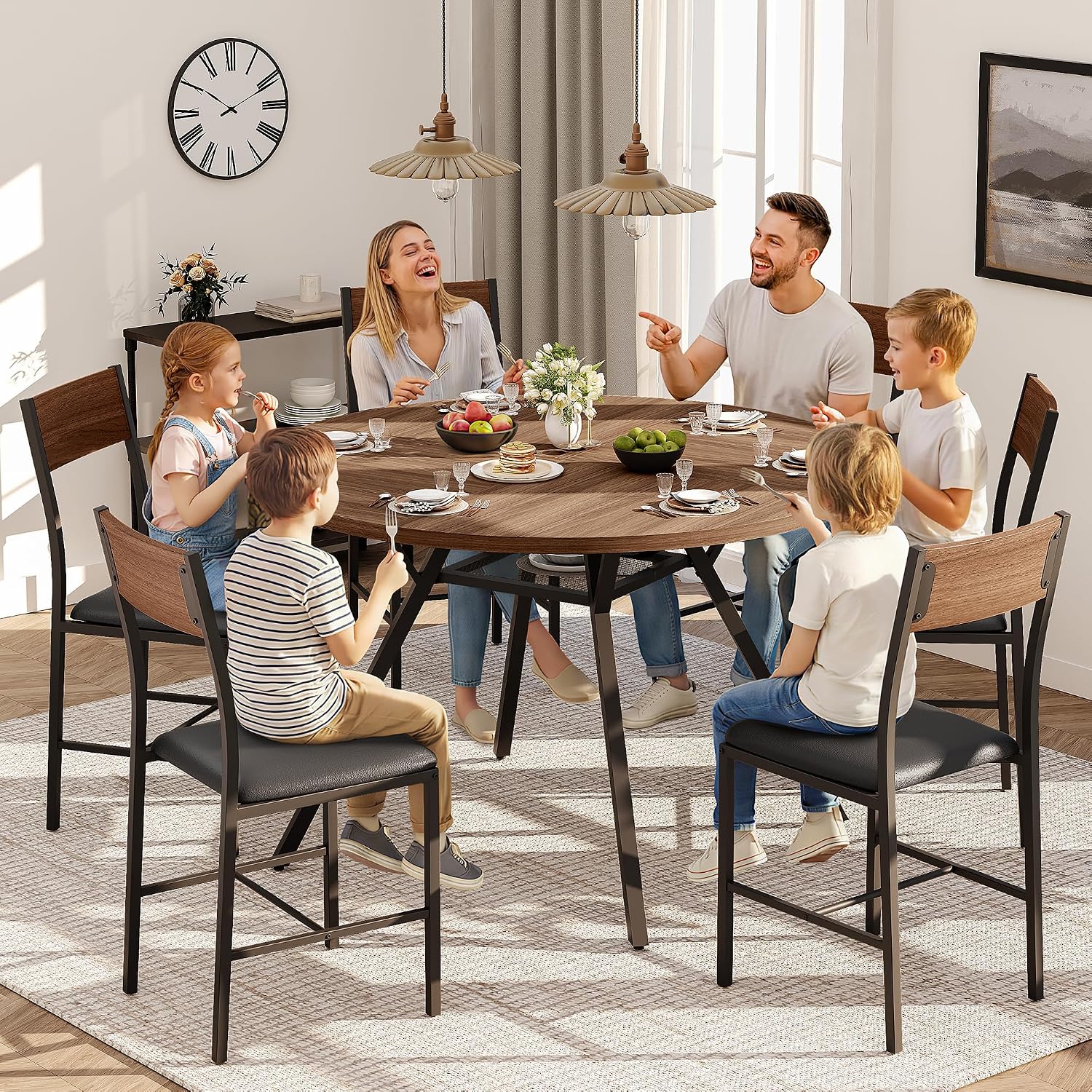 Pamapic 47'' Round Dining Table for 4-6 People | Solid Metal Frame, Circle Dinner Pedestal, Convenient Storage Shelf, Durable MDF Board, Natural Wood Table Surface