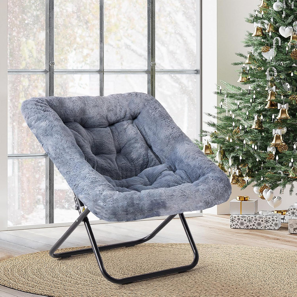 Simple Deluxe Oversized Square Moon Chair for Adults, Soft Faux Fur Folding Lounge Chair with Sturdy Steel Frame, Comfortable Reading Gaming Chair for Living Room, Bedroom, Grey